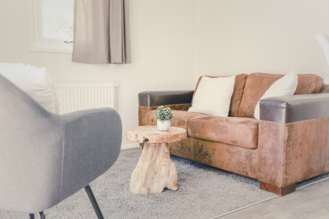 Woonruimte in een 6x bungalette bij Holiday Park Mölke in Nederland met zetel en boomstamtafeltje.