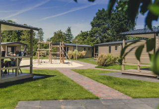 Gezellige bungaletten met speeltuintje op Holiday Park Mölke in Nederland, omringd door gras en bomen.