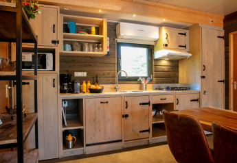 Accogliente cucina nel lodge Castle the Pond Gate all'Holiday Park 't Rheezerwold nei Paesi Bassi.
