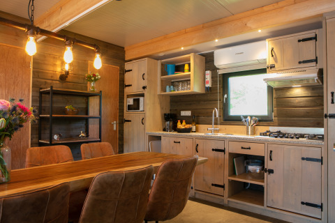 Moderne lodgekeuken en eetruimte in Castle the Pond Gate aan Holiday Park 't Rheezerwold, Nederland.