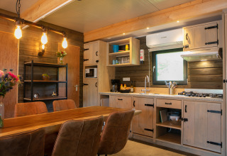 Moderne lodgekeuken en eetruimte in Castle the Pond Gate bij Holiday Park 't Rheezerwold, Nederland.