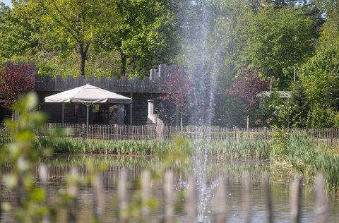 Uitzicht op Castle the Pond Gate-lodge bij Vakantiepark 't Rheezerwold, Nederland, met vijver.