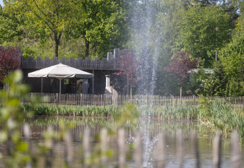 Vista del lodge Castle the Pond Gate al Holiday Park 't Rheezerwold, Paesi Bassi, davanti a uno stagno.