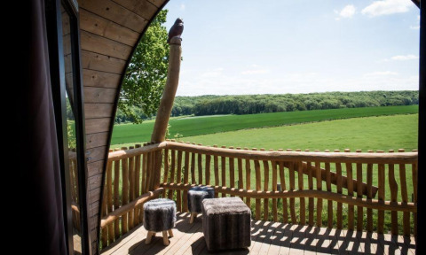 Vue depuis la tiny house Treelodge au Gulperberg, Pays-Bas, avec terrasse en bois et champs verdoyants.