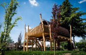 Tiny house Treelodge op houten palen, omringd door bomen onder een blauwe lucht in Gulperberg, Nederland.