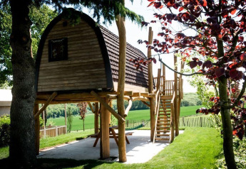 Casa pequeña Treelodge en pilotes en Gulperberg, Países Bajos, rodeada de vegetación y árboles.