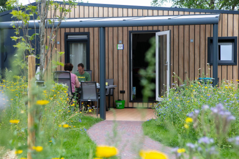 Two people sit outside the Forest lodge tiny house at Holiday Park 't Rheezerwold, Netherlands, with wildflowers.