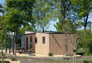 Casa pequeña Forest Lodge en Holiday Park 't Rheezerwold, Países Bajos, rodeada de vegetación y árboles.