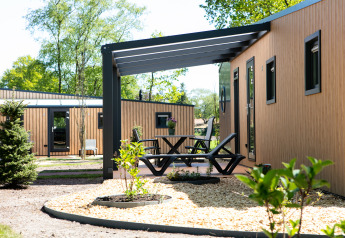 Espace extérieur de la tiny house Forest lodge au Holiday Park 't Rheezerwold, Pays-Bas, avec terrasse moderne.