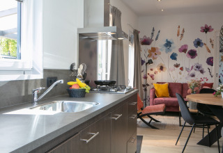 Kompakte Küche und gemütliches Wohnzimmer der Forest Lodge im Holiday Park 't Rheezerwold in den Niederlanden.