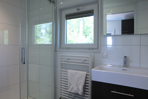 Baño moderno con ducha, ventana, radiador toallero y lavabo en la Forest lodge del parque en Holanda.