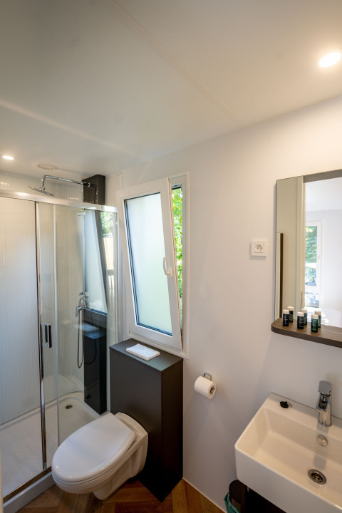 Baño moderno en una tiny house Lodge en Urban-Gardens, Bélgica, con ducha, inodoro y lavabo compacto.
