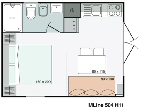 Plano de una mini casa en Urban-Gardens, Bélgica, con dormitorio, baño y zona de cocina.