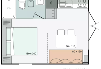 Planimetria di una tiny house a Urban-Gardens, Belgio, con camera, bagno e zona cucina.