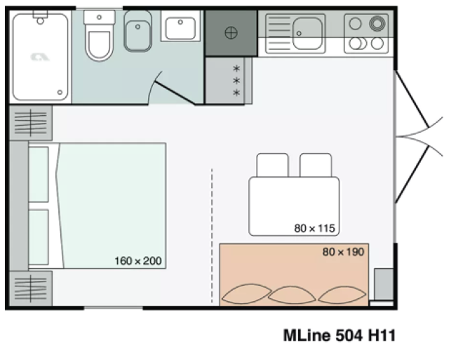 Plano de una mini casa en Urban-Gardens, Bélgica, con dormitorio, baño y zona de cocina.