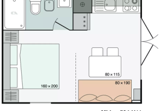 Plattegrond van een tiny house in Urban-Gardens, België, met slaapkamer, badkamer en keukenhoek.