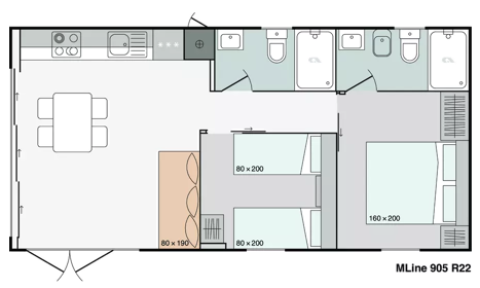 Plano de una cabaña en Urban-Gardens, Bélgica, con tres dormitorios, cocina y varios baños.