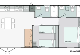 Planimetria di un lodge presso Urban-Gardens in Belgio con tre camere, cucina e bagni.
