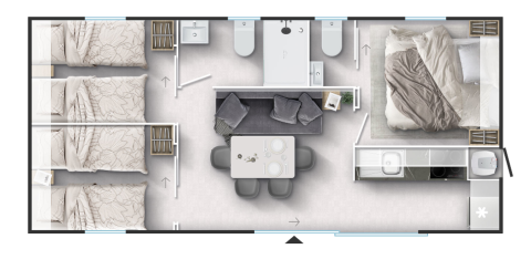 Plano de alojamiento glamping con tres camas individuales, una cama doble, baño y zona de estar.