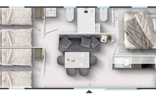 Plan d'un hébergement glamping avec trois lits simples, un lit double, salle de bain et salon.