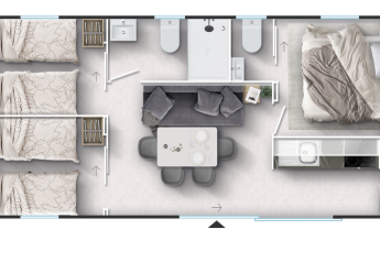 Plano de alojamiento glamping con tres camas individuales, una cama doble, baño y zona de estar.