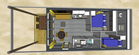 Grondplan van het Comfort Lodge tiny house op Kompas Camping Westende met twee slaapkamers en terras.