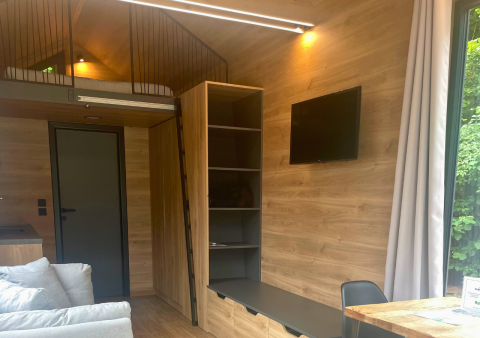 Interior moderno de una tiny house en Urban-Gardens, Bélgica, con altillo, TV y paredes de madera.