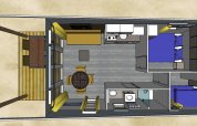 Bovenaanzicht van Comfort Lodge plan met twee slaapkamers, badkamer, keuken, terras, honden welkom.