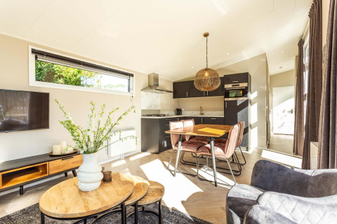 Bright, modern living room and kitchen area at Silva Wellness lodge, Bospark Ede, Netherlands, with sunlight.