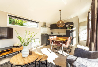 Sala de estar luminosa y moderna con cocina en Silva Wellness lodge, Bospark Ede, Países Bajos, con luz solar.