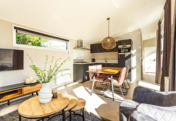 Bright, modern living room and kitchen area at Silva Wellness lodge, Bospark Ede, Netherlands, with sunlight.