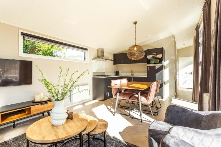 Sala de estar luminosa y moderna con cocina en Silva Wellness lodge, Bospark Ede, Países Bajos, con luz solar.
