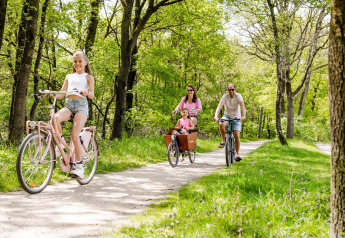 Famiglia in bicicletta su un sentiero nel bosco vicino a Luna Lodge presso il Camping Noetselerberg, Paesi Bassi.