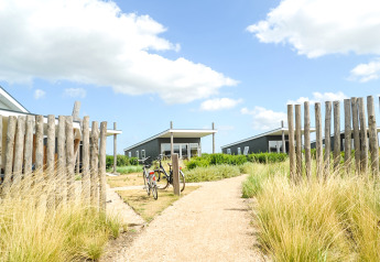 Camino hacia Comfort Lodge en Kompas Camping Nieuwpoort, Bélgica, rodeado de césped y cielo azul.