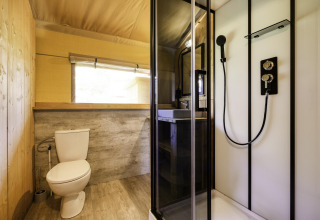 Baño moderno con ducha, inodoro y lavabo en la Stardust 40 Family Lodge de Arden Parks, Signy l'Abbaye.