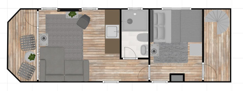 Plattegrond van woonboot Harbour Lodge Amsterdam bij Marina Parcs Amsterdam met leefruimte, badkamer en slaapkamer.