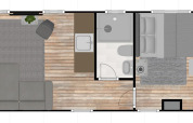 Plano de la casa flotante Harbour Lodge Amsterdam en Marina Parcs Amsterdam, con salón, baño y dormitorio.