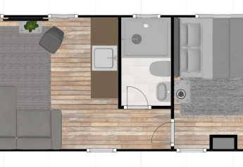 Plano de la casa flotante Harbour Lodge Amsterdam en Marina Parcs Amsterdam, con salón, baño y dormitorio.