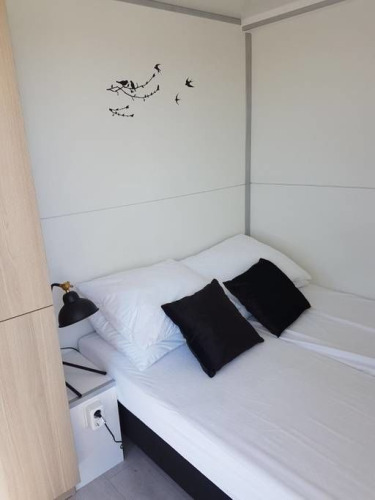 Bright bedroom on a houseboat with black and white pillows, lamp, and bird wall art in Amsterdam.
