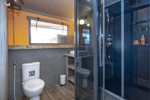 Badeværelse i Safari lodge XL hos Marina Parcs Almere, Holland, med toilet, bruser og vask.