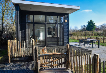 Forest lodge med indhegnet have ved Vakantiepark Hölte i Holland, sort bygning, glasfacade, hund på terrassen.