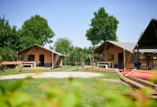 Safari tents at Villatent Nomad on Camping Betuwestrand in the Netherlands, surrounded by greenery.