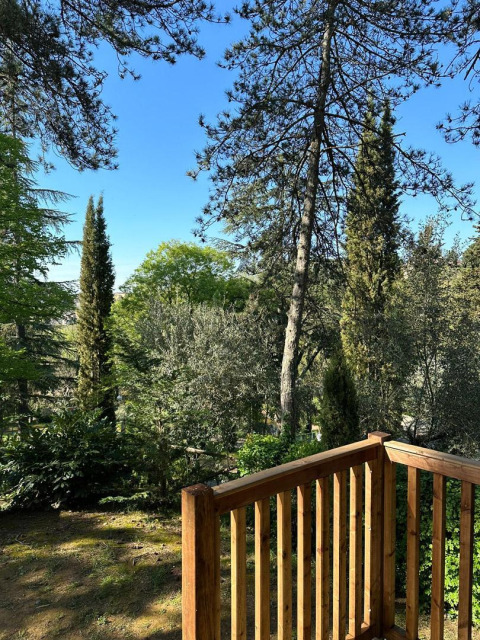 Vista desde la tienda safari Villatent Wood en Camping Colleverde, Italia, con árboles y cielo azul.