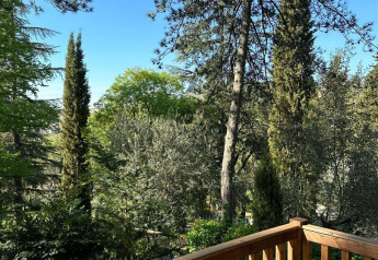 View from the Villatent Wood safari tent at Camping Colleverde in Italy, showing trees and blue sky.