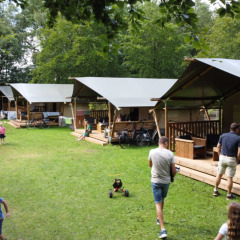 Familias disfrutan actividades al aire libre junto a cabañas de lona en Camping de Beukenhof, Drenthe, Países Bajos.
