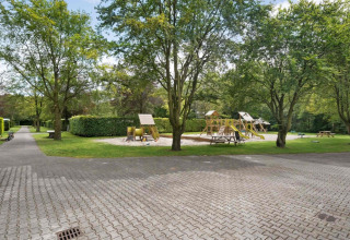 Parco giochi circondato da alberi e prati a Camping de Beukenhof, villaggio turistico a Drenthe, Paesi Bassi.