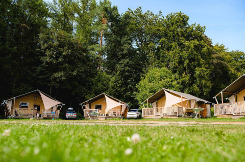 Række af safari telte ved Villatent Outback på Camping La Colline i Belgien omgivet af grønne træer.
