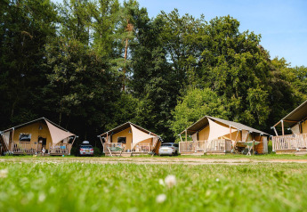 Safari tents at Villatent Outback, Camping La Colline in Belgium, surrounded by lush green forest and cars.